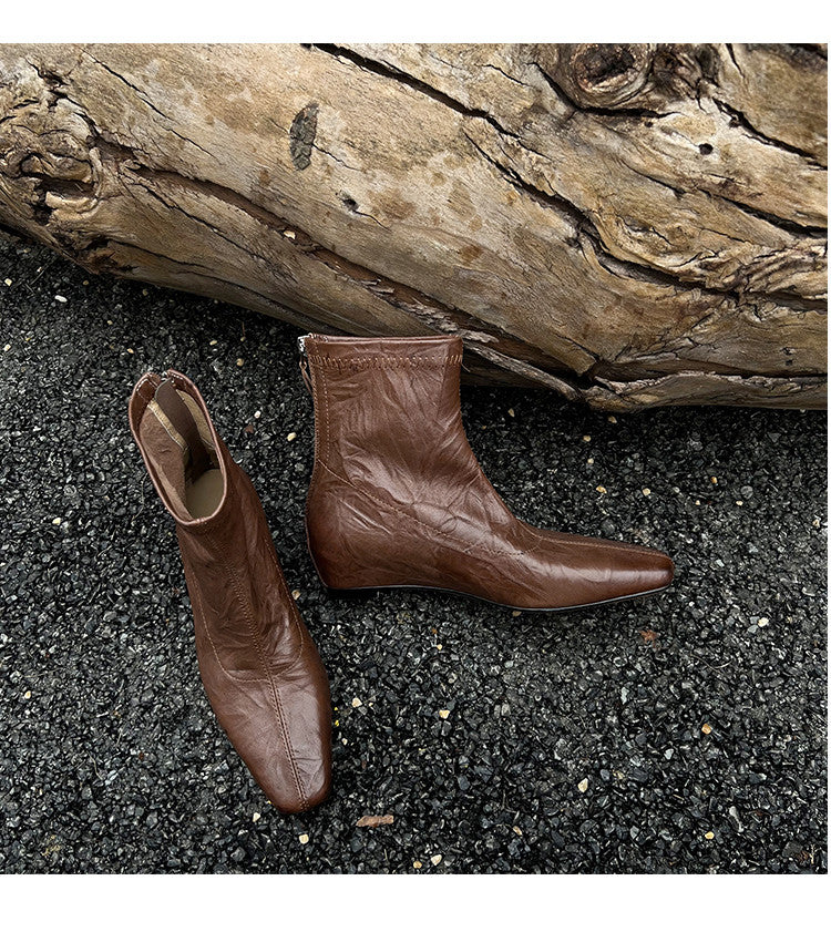 Karin Luna In Stock Spot Goods Slim Series  Hidden Wedge Small Square Toe Back Zipper Short Boots
