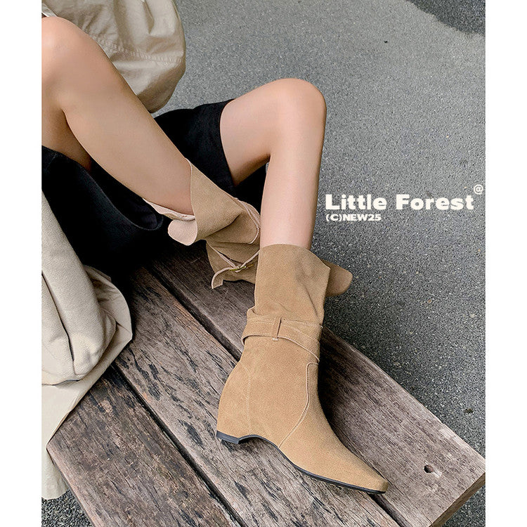 Karin Luna Foldable Belt Buckle Square Toe Hidden Wedge Short Boots