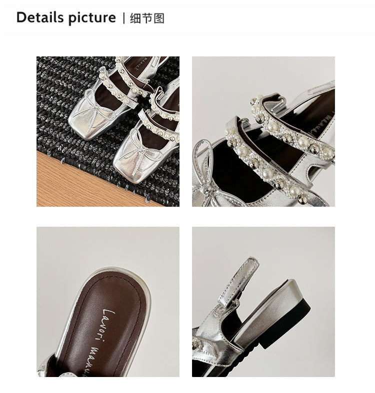 Karin Luna In Stock In Stock  Square Toe Bowknot Pearl Strap Closed-Toe Sandals