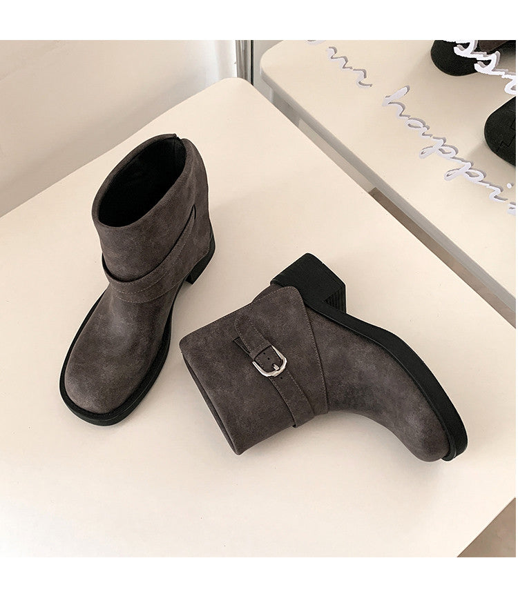 Karin Luna In Stock Spot Goods Versatile Basic Round Toe Belt Buckle Thick Sole Tube Boots