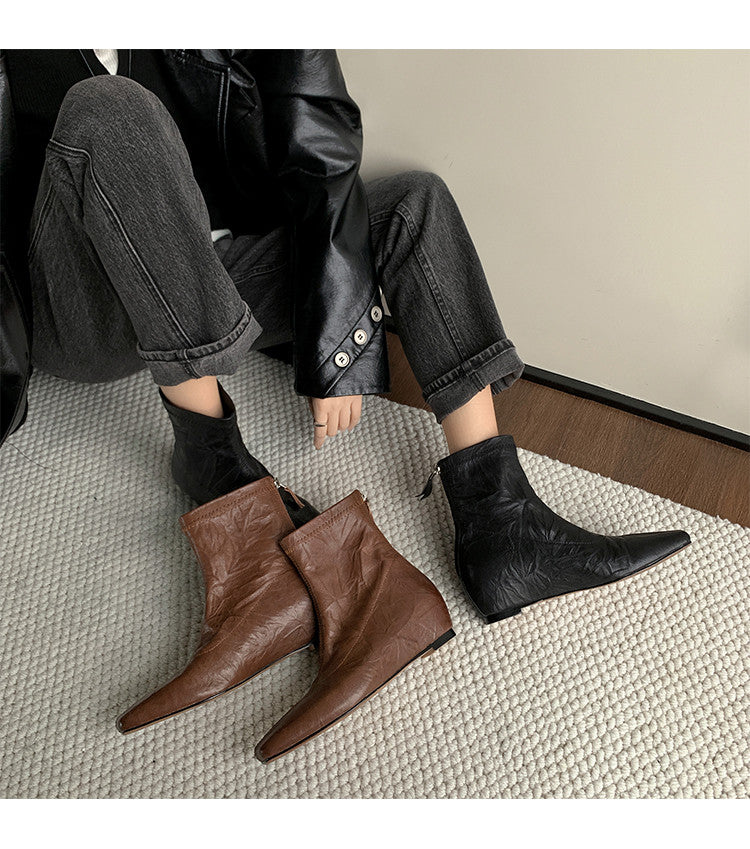 Karin Luna In Stock Spot Goods Slim Series  Hidden Wedge Small Square Toe Back Zipper Short Boots