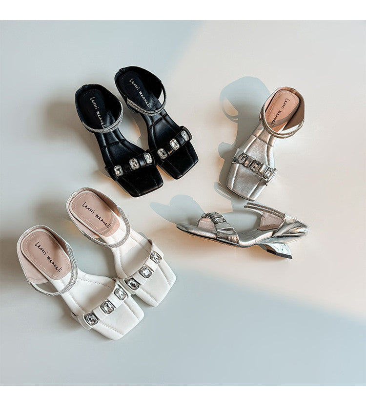 Karin Luna Bestseller Popular Rhinestone Ribbon Square Toe Slippers
