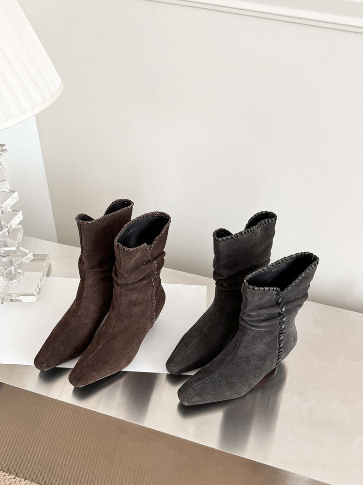 Karin Luna Small Square Toe Retro Ruched Pile Short Boots