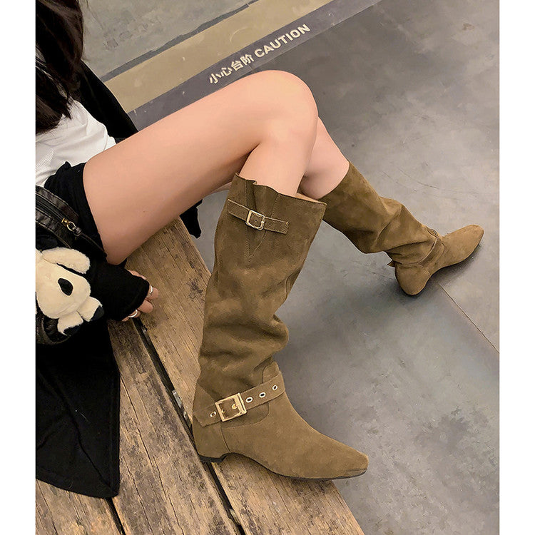 Karin Luna Data Model Belt Buckle Matte Square Toe Hidden Wedge Slouch Western Boots