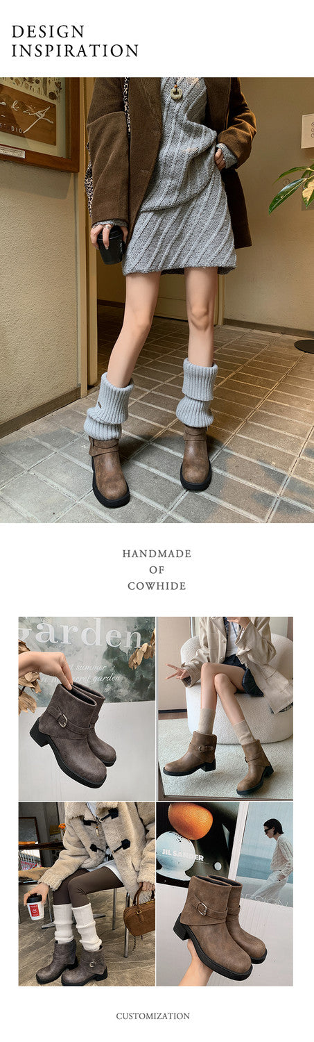 Karin Luna In Stock Spot Goods Versatile Basic Round Toe Belt Buckle Thick Sole Tube Boots