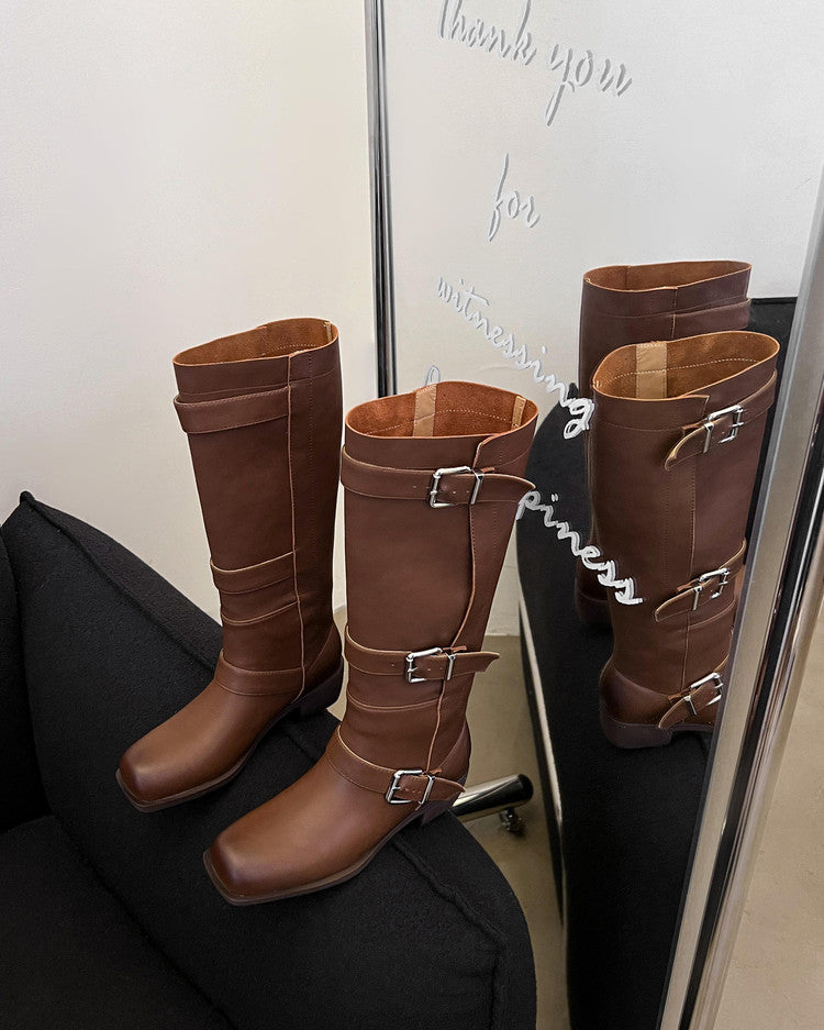 Karin Luna In Stock In Stock European and American Style Square Toe Thick Sole Belt Buckle Long Boots