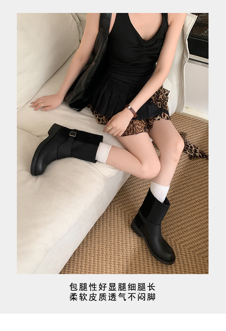 Karin Luna Belt Buckle Chunky Heel Fashion Short Boots