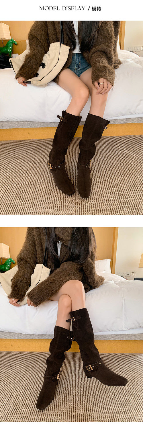 Karin Luna Data Model Belt Buckle Matte Square Toe Hidden Wedge Slouch Western Boots
