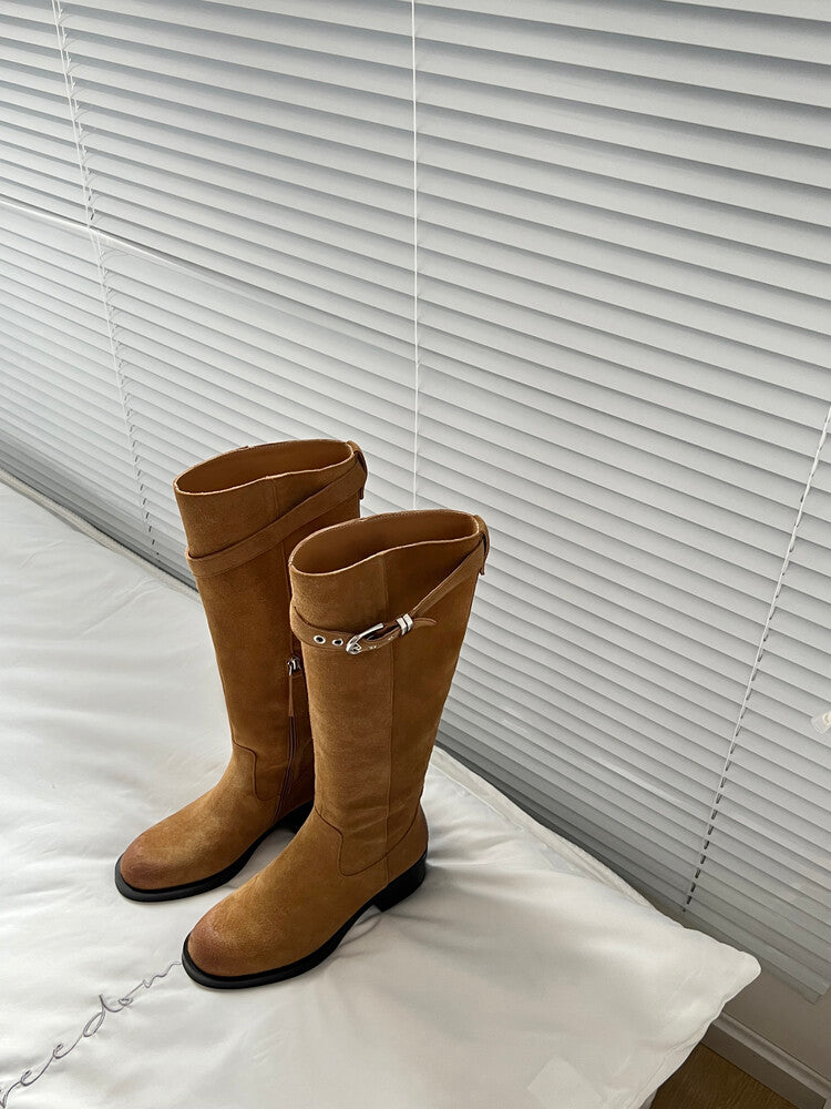 Karin Luna Chunky Heels Round Head Belt Buckle  Fashionable Suede Boots