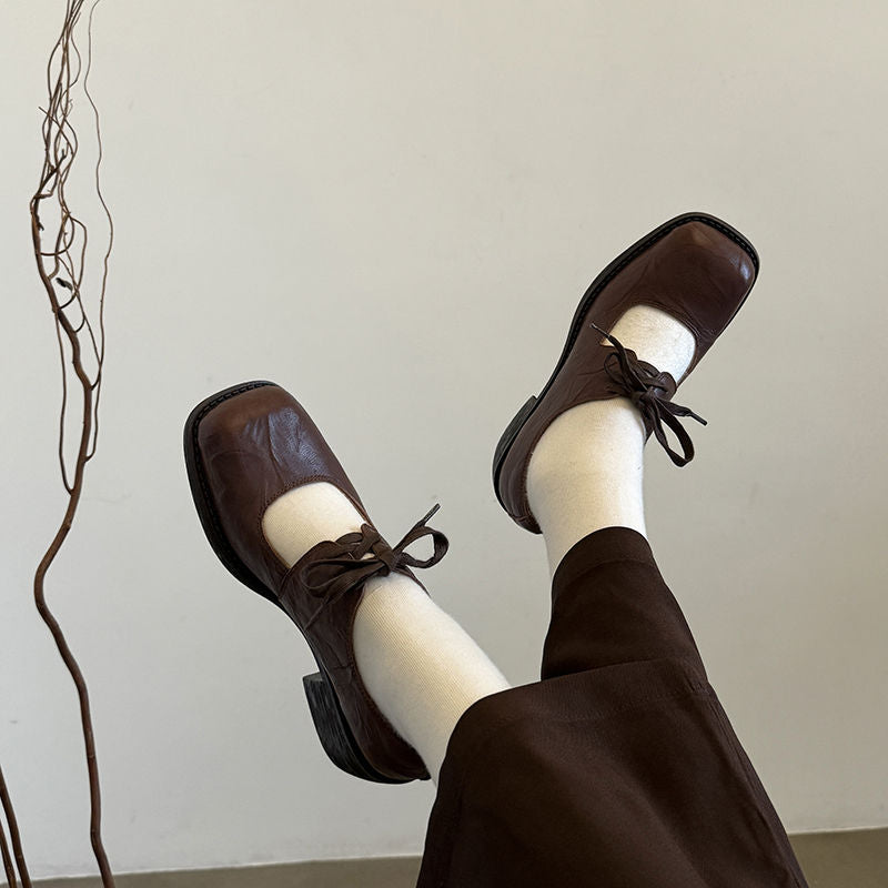 Karin Luna In Stock Spot Goods   Full leather inside and out Vegetable Tanned Hand-Grabbed Sheepskin Square-Toed Chunky Heel Single Shoes