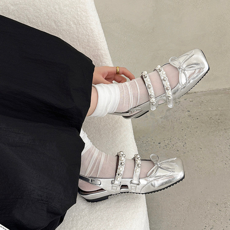 Karin Luna In Stock In Stock  Square Toe Bowknot Pearl Strap Closed-Toe Sandals