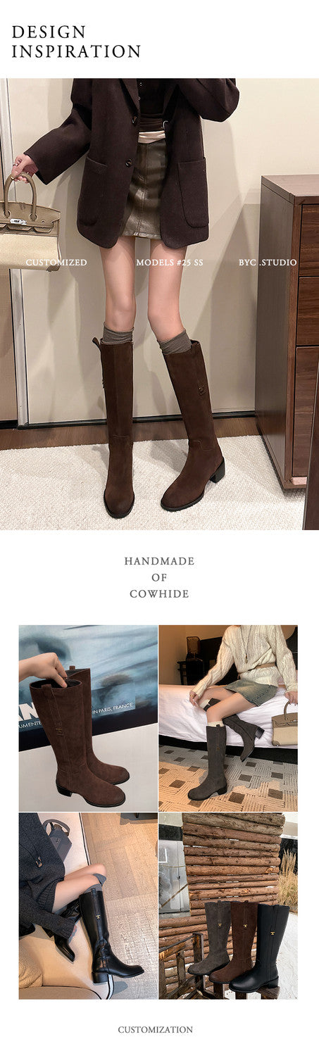 Karin Luna In Stock Spot Goods Basic Retro Square Toe Chunky Heel Riding Boots