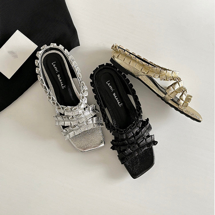 Karin Luna In Stock   Spot Goods  Niche Design Square-Toed Pleated Flat Slippers