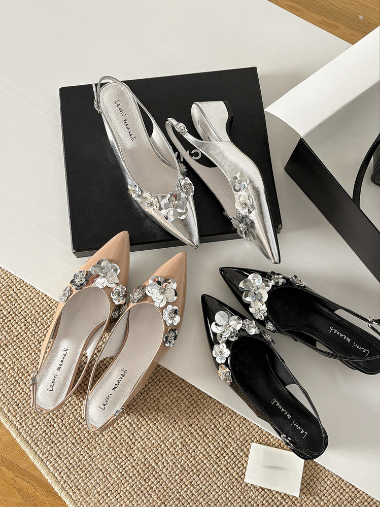 Karin Luna In Stock In Stock  Sequin Floral Pointed Toe Chunky Heel Closed-Toe Sandals
