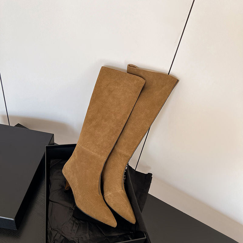 Karin Luna In Stock Spot Goods Retro Cowhide Pointed Toe Stiletto Elegant Long Boots