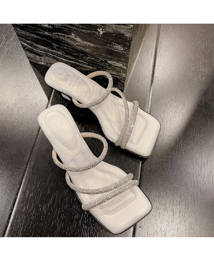 Karin Luna In Stock Spot Goods  Minimalist Versatile Square Toe Rhinestone Strap Open-Toe Sandals