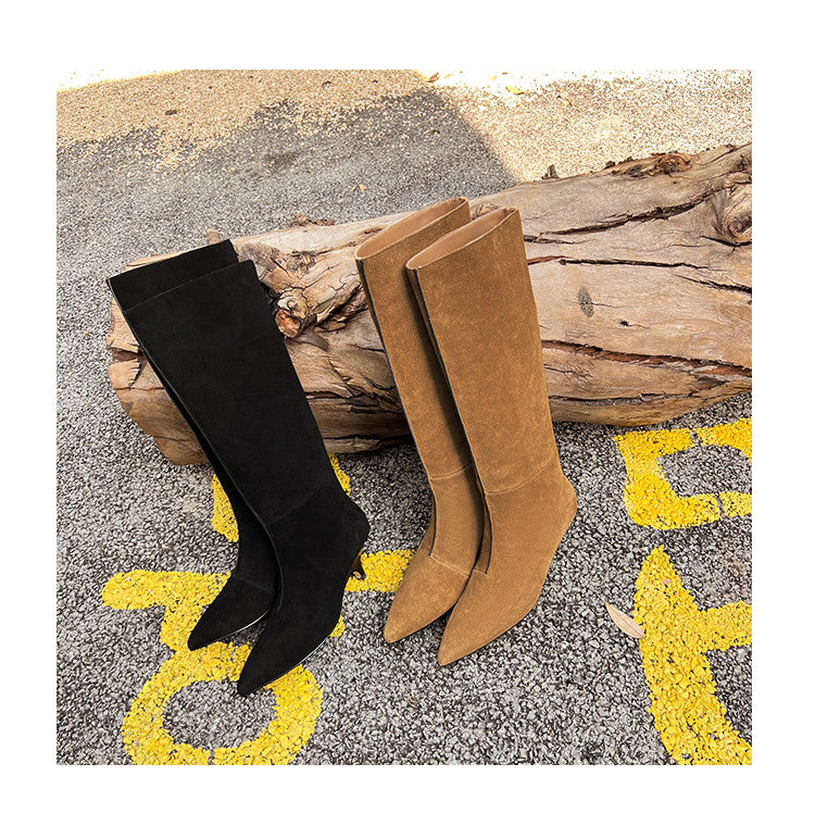 Karin Luna In Stock Spot Goods Retro Cowhide Pointed Toe Stiletto Elegant Long Boots