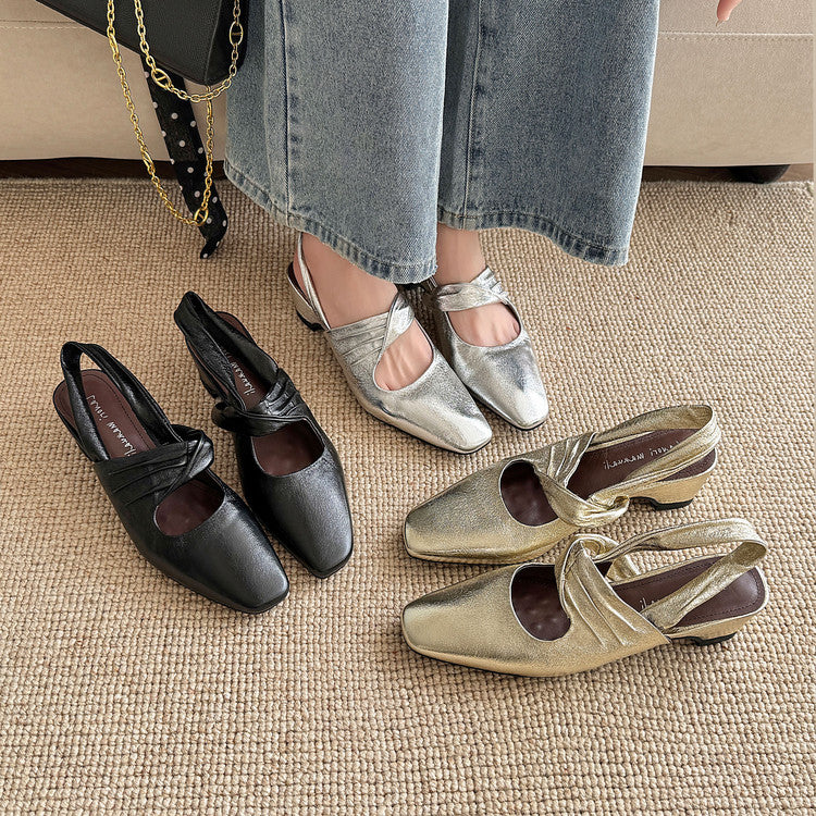 Karin Luna In Stock  Spot Goods Small Square Toe Wrinkled Chunky Heel Closed-Toe Sandals