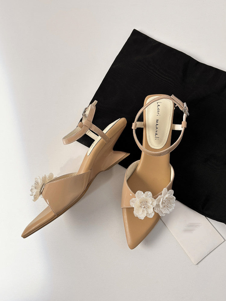 Karin Luna In Stock Spot Goods  Classic Camellia Pointed Toe Elegant Irregular Heel Sandals