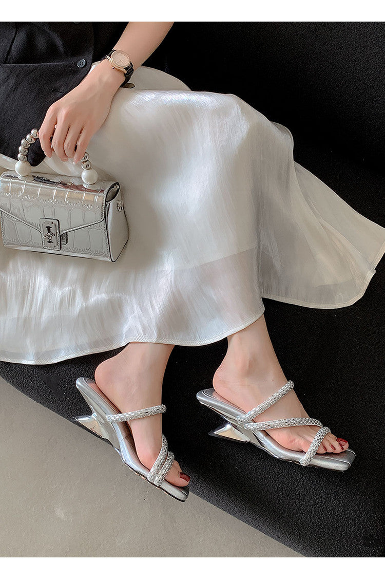 Karin Luna In Stock Spot Goods  Rhinestone One-Strap Irregular Heel Square-Toe Slippers