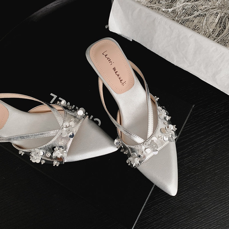 Karin Luna Bestseller Sequin Elements Elegant Pointed Toe Irregular Heel Slippers