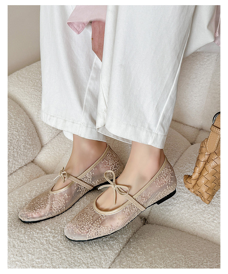 Karin Luna In Stock Spot Goods  Summer Breathable Retro Embroidered Bow Granny Shoes