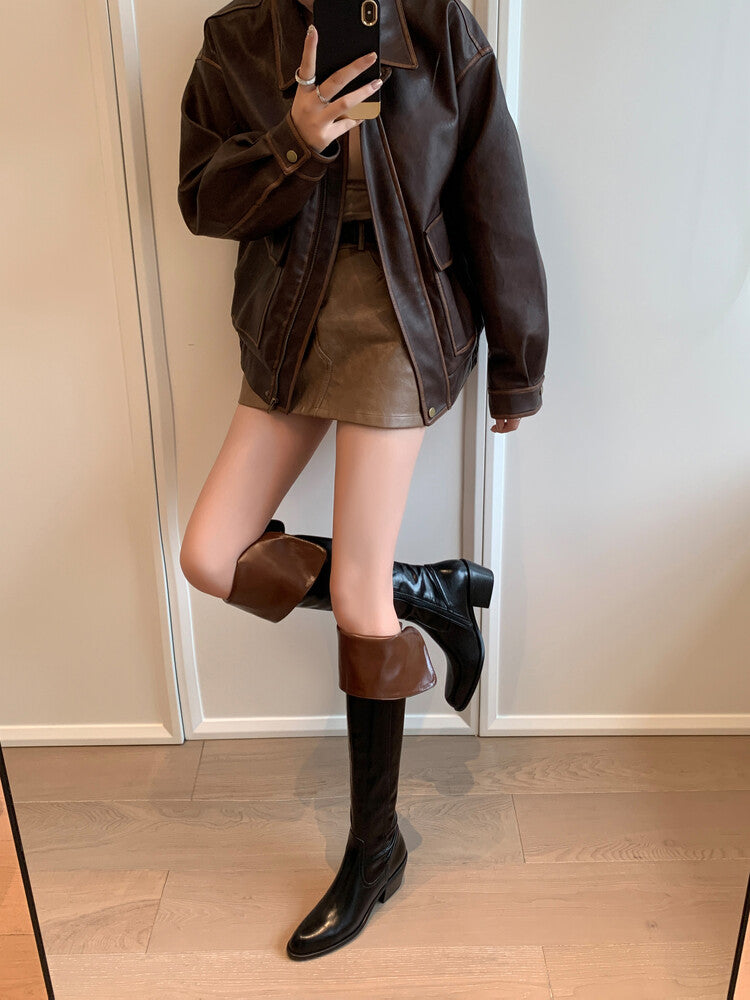 Karin Luna exploded  Three versions exploded Single Fleece Lining Fur Collar Version  Thick Fur Collar Foldable Hot-Selling Full Cowhide Pointed Toe Chunky Heel Classic Style