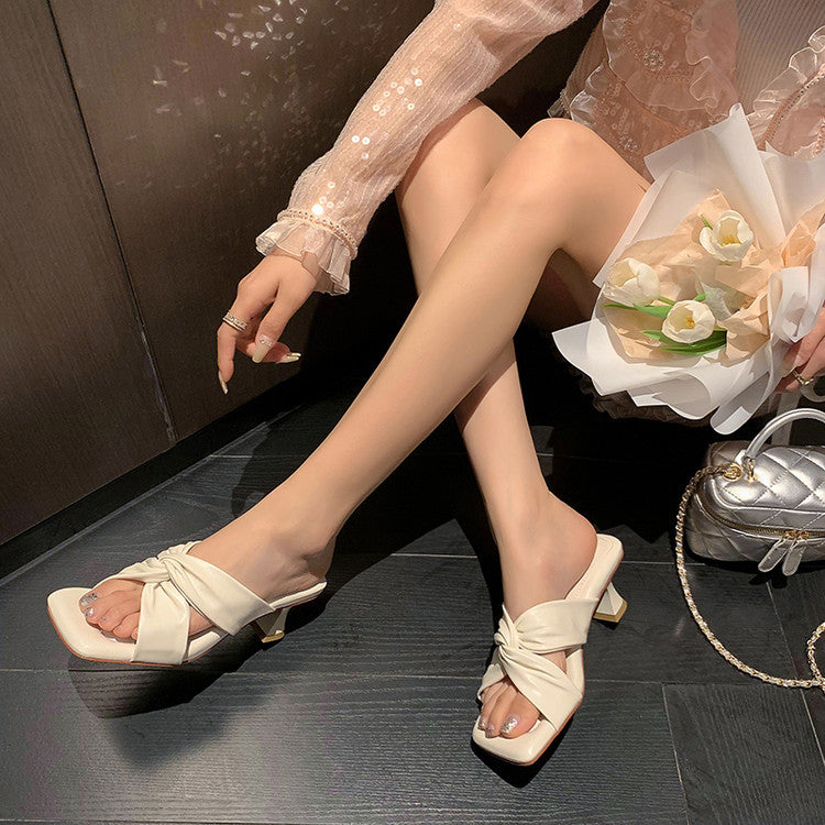Karin Luna In Stock Spot Goods   Absolutely amazing4Color Cross Strap Thick Heel Square Toe Soft Slippers