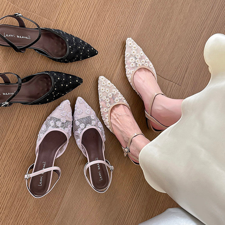 Karin Luna In Stock Spot Goods Embroidered Daisy Sheepskin Mesh Elegant Closed-Toe Slippers