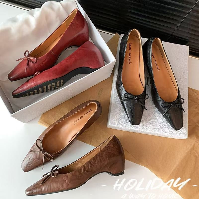 Karin Luna Full Layer Inside and Out~Basic Versatile Small Square Toe Butterfly Knot Irregular Heel Single Shoes