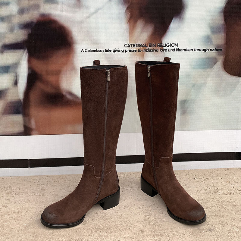 Karin Luna In Stock Spot Goods Basic Retro Square Toe Chunky Heel Riding Boots
