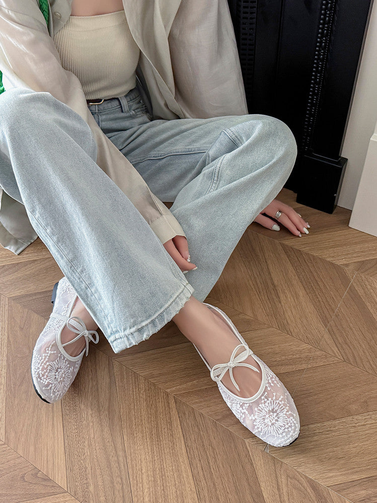 Karin Luna In Stock Spot Goods  Summer Breathable Retro Embroidered Bow Granny Shoes