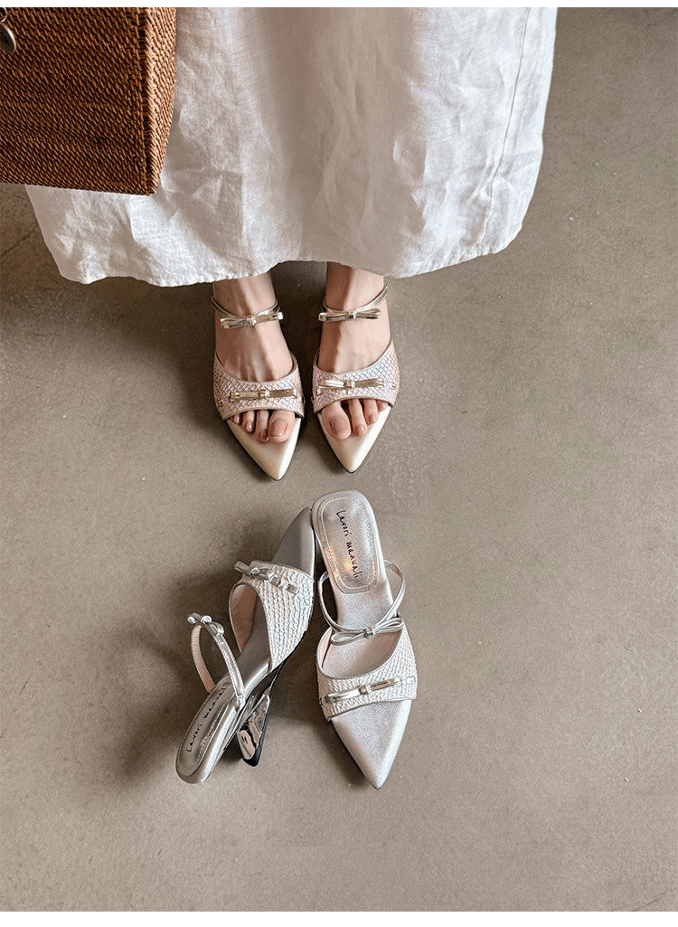 Karin Luna Fish Skin Series~Pointed Toe Irregular Heel Bowknot Strap Slippers