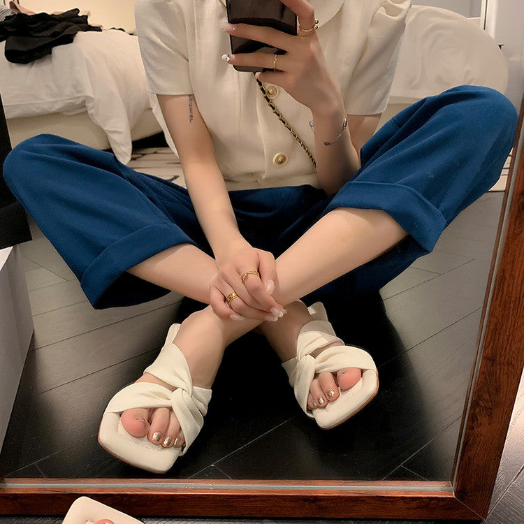 Karin Luna In Stock In Stock  Comfortable Cross Strap  Airy High Heel Square Toe Slippers