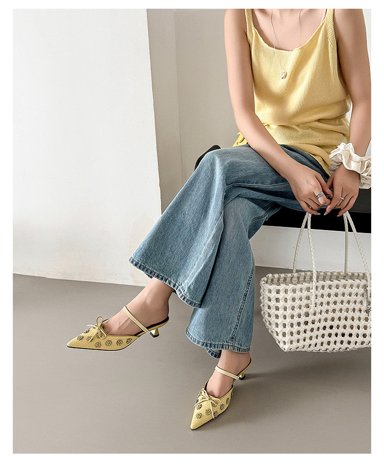 Karin Luna In Stock Spot Goods  Elegant Floral Pointed Toe Rhinestone Slippers