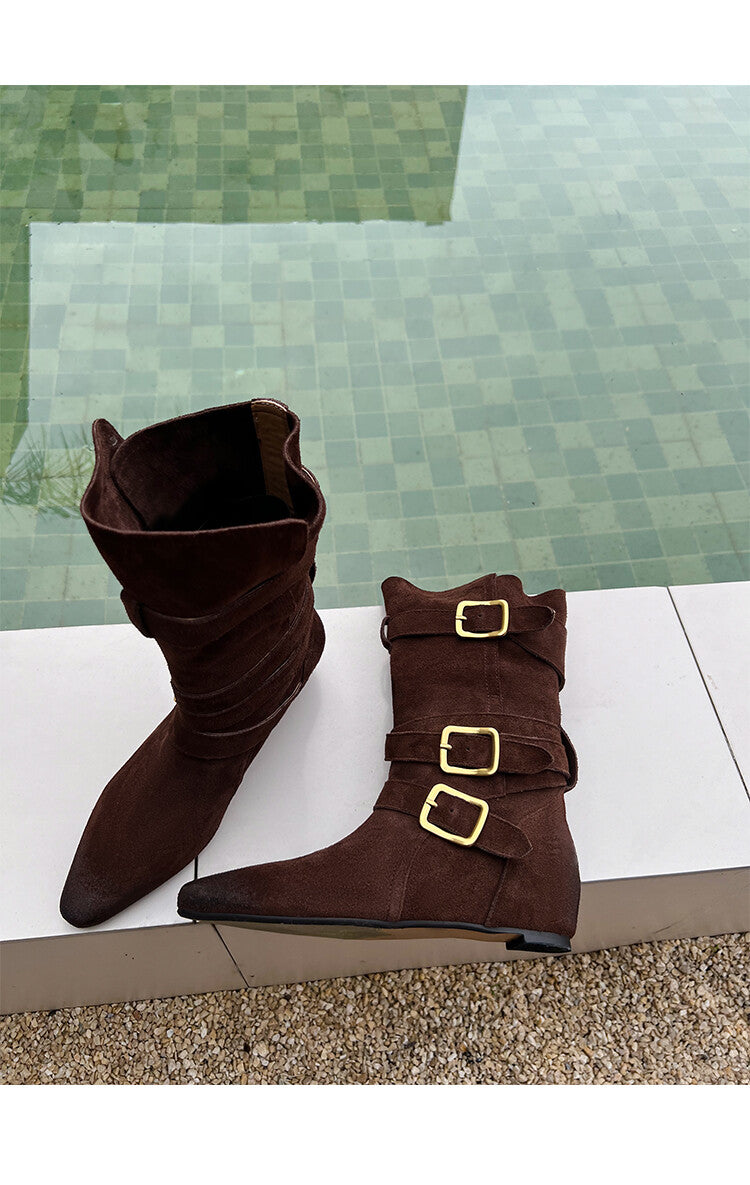 Karin Luna Cow Leather Small Square Toe Belt Buckle Fashion Boots