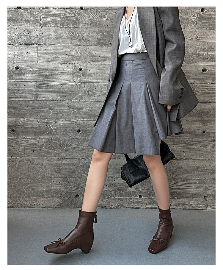 Karin Luna French Style Square Toe Bowknot Hidden Wedge Slim Boots