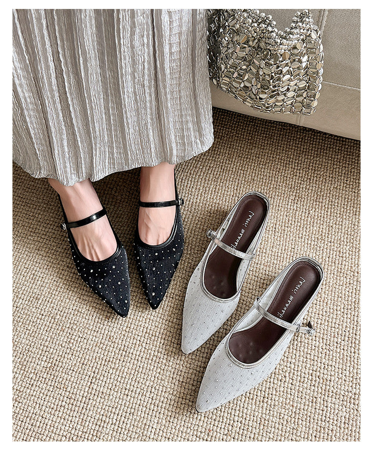 Karin Luna In Stock Spot Goods  Breathable Mesh Fabric Embellished Hand Drill Pointed Toe Slippers