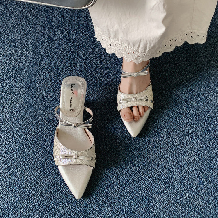 Karin Luna Fish Skin Series~Pointed Toe Irregular Heel Bowknot Strap Slippers
