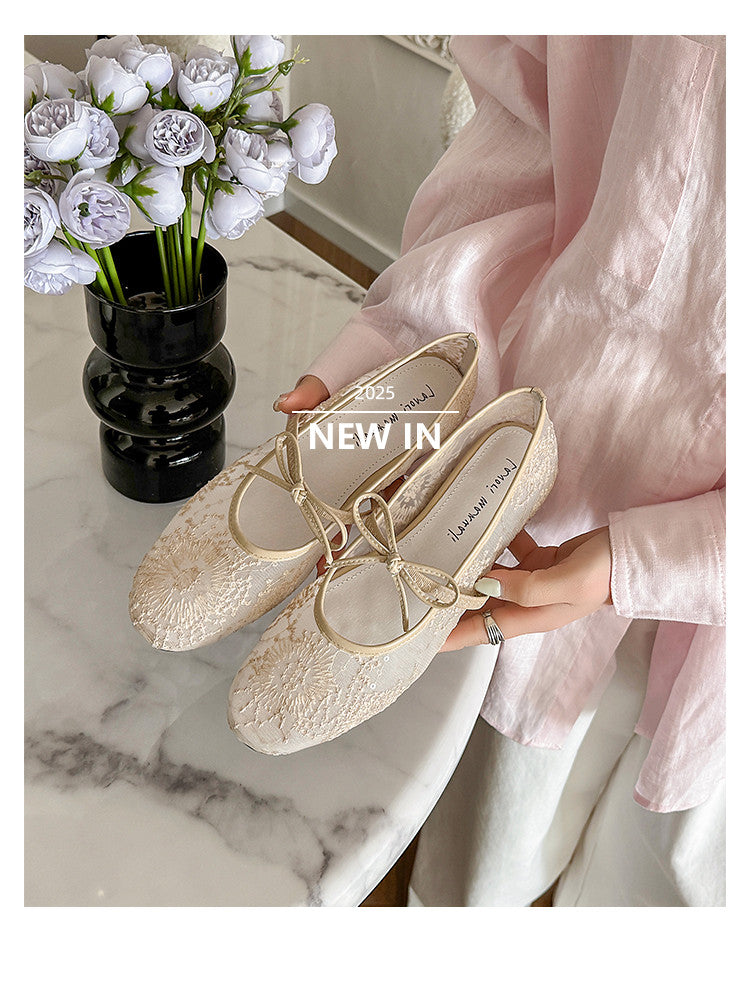 Karin Luna In Stock Spot Goods  Summer Breathable Retro Embroidered Bow Granny Shoes