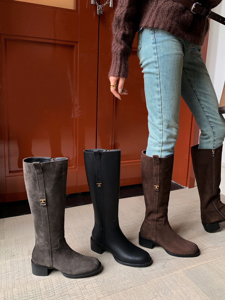 Karin Luna In Stock Spot Goods Basic Retro Square Toe Chunky Heel Riding Boots