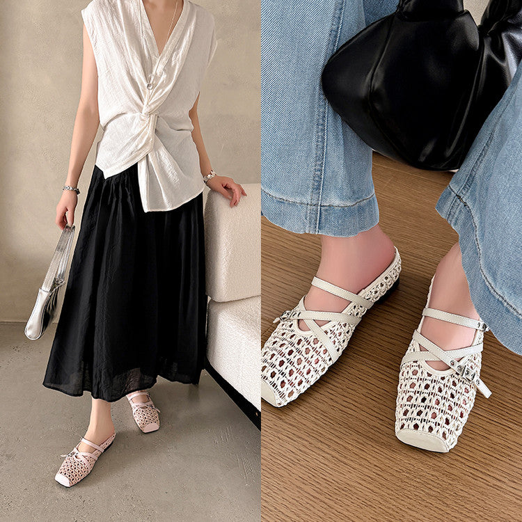 Karin Luna In Stock Spot Goods  Hot-Selling Square-Toe Woven Pig Nose Closed-Toe Slippers