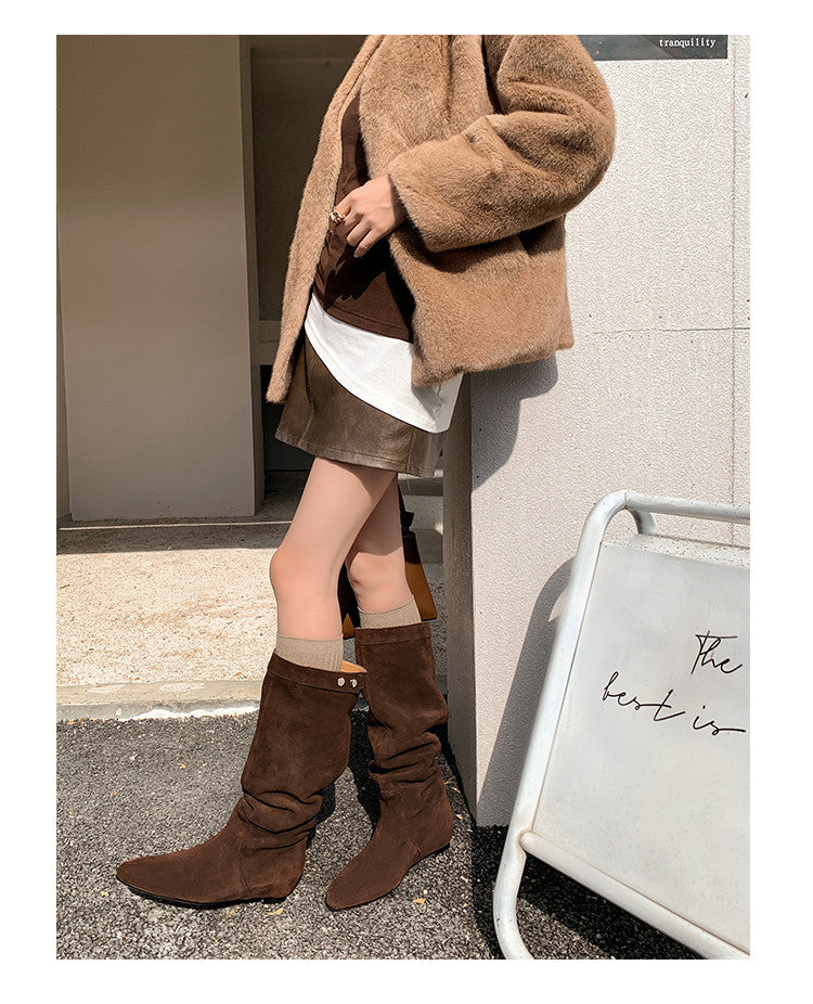 Karin Luna In Stock Spot Goods  Bestselling Suede Leather Sold Out Fast: Pile of Matte Inner Height-Increasing Western Boots