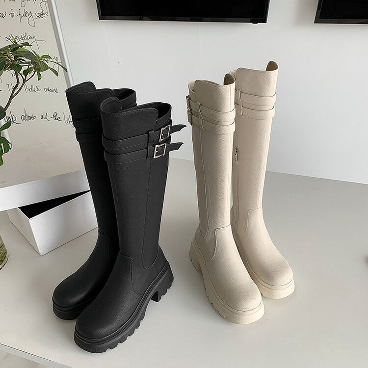 Karin Luna In Stock Best-selling in stock   Super Soft Sheepskin  Round Toe Thick Sole Vintage Belt Buckle Long Boots