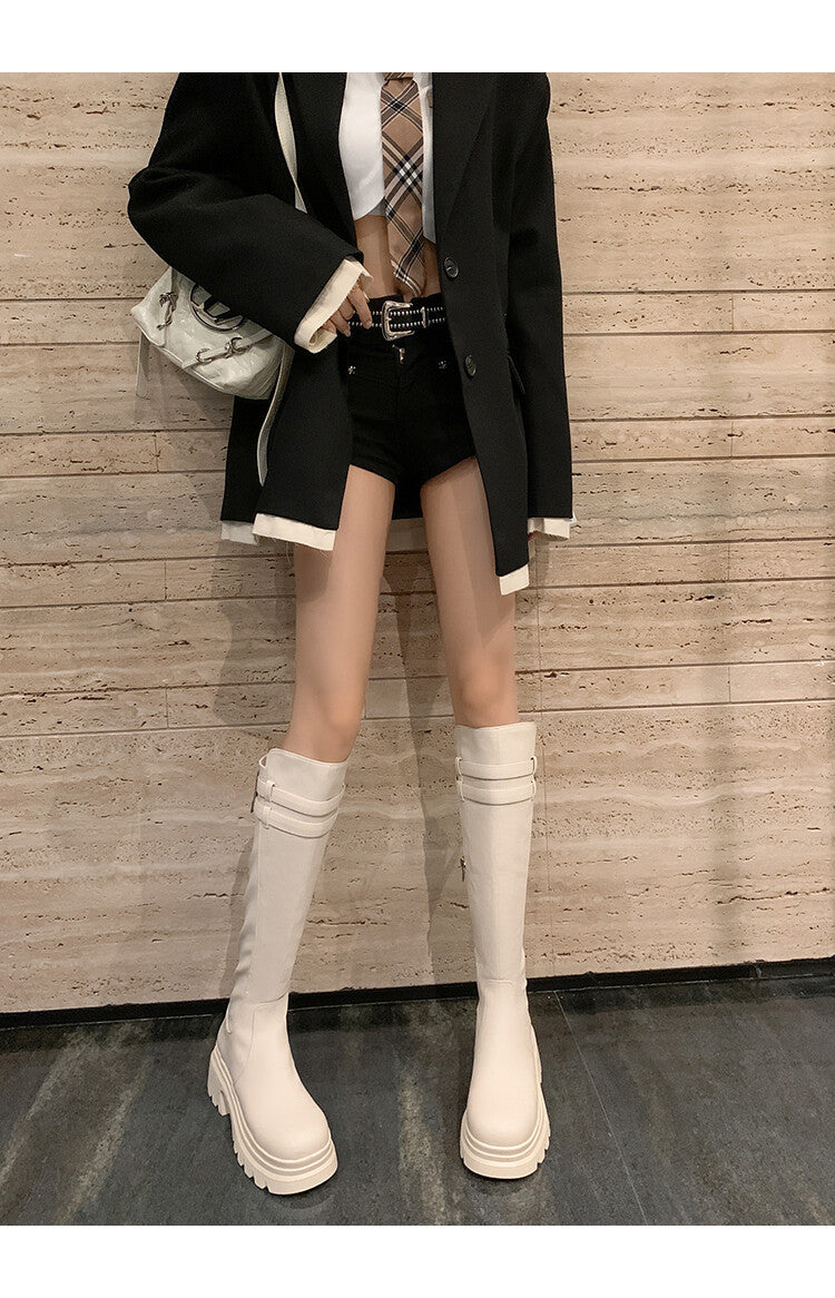 Karin Luna In Stock Best-selling in stock   Super Soft Sheepskin  Round Toe Thick Sole Vintage Belt Buckle Long Boots
