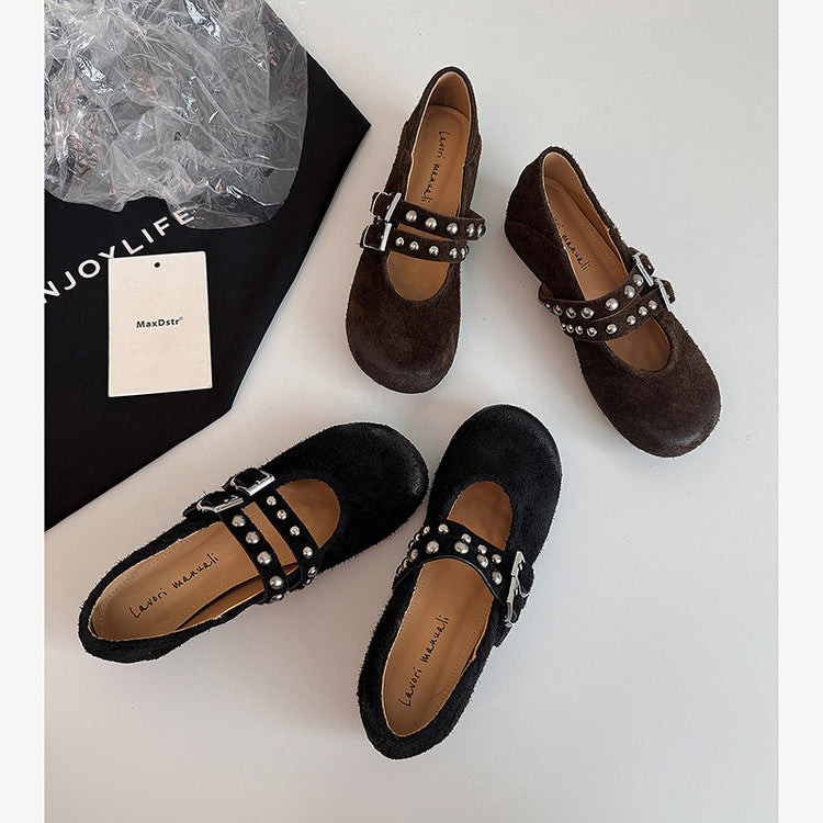 Karin Luna Hot Item Hot Item Punk Style One-Strap Round-Toe Suede Leather Height-Increasing Flats
