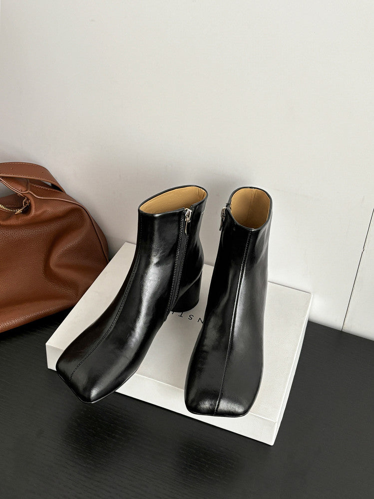 Karin Luna French Style Square Toe Chunky Heel Ankle Boots