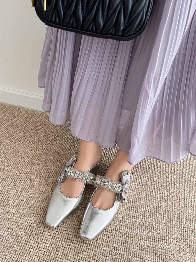 Karin Luna Handmade One-Strap Rhinestone Ribbon Square-Toe Mules