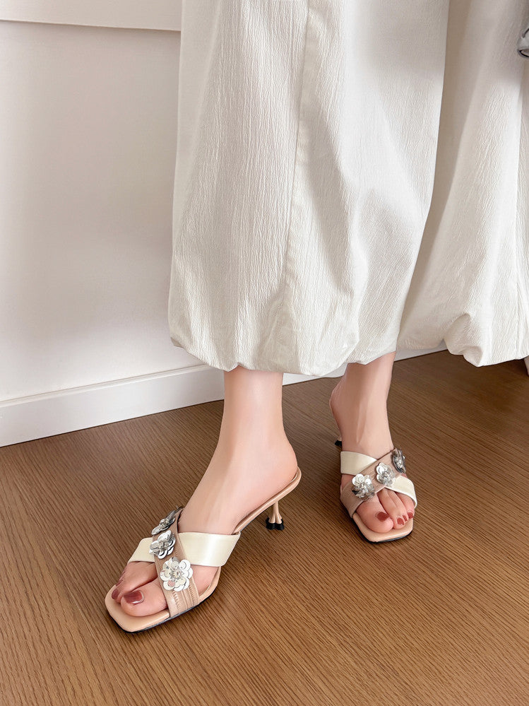 Karin Luna In Stock Spot Goods  Sequin Floral Cross Strap Square Toe Stiletto Slippers
