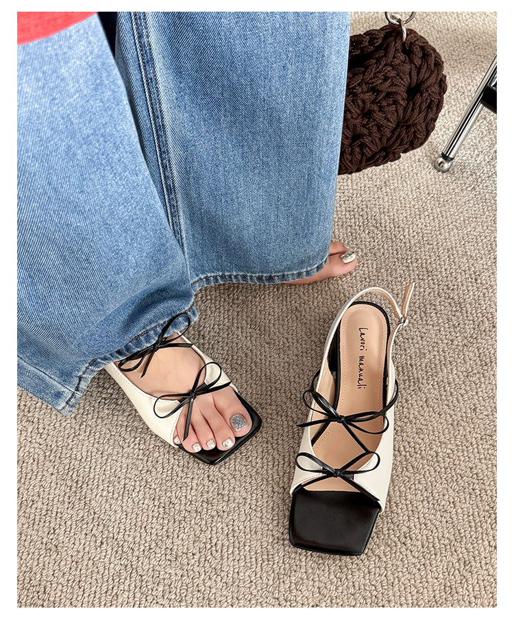 Karin Luna In Stock Spot Goods Square Toe Double Bow Thick Heel Sandals